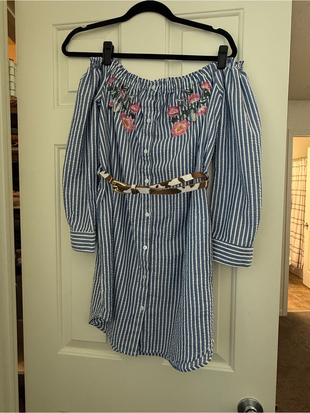 COTTON ON Blue & White Striped Off-Shoulder Embroidered Tunic Dress with Belt